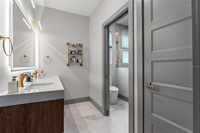 bathroom with vanity, toilet, and walk in shower