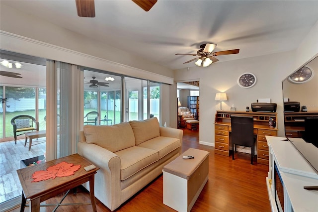 living room featuring ceiling fan and dark hardwood / wood-style flooring