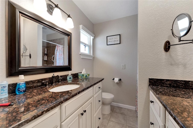 bathroom featuring tile patterned floors, walk in shower, vanity, and toilet