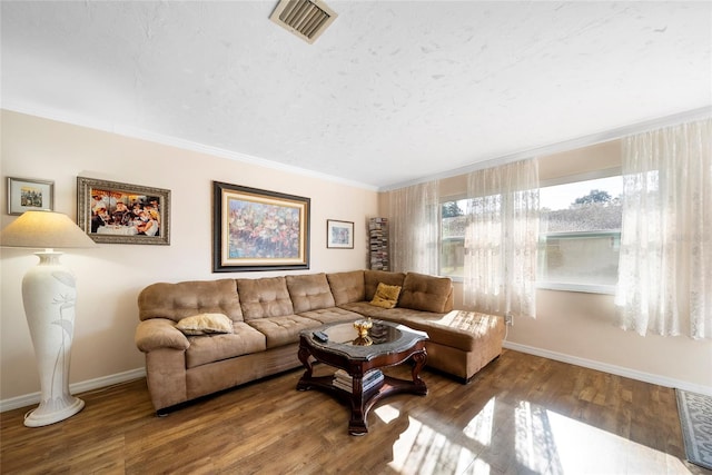 living room featuring hardwood / wood-style flooring and ornamental molding