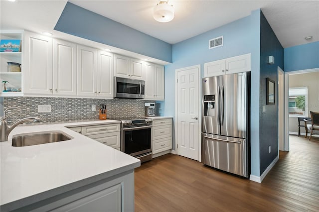 kitchen featuring white cabinets, dark hardwood / wood-style flooring, sink, and appliances with stainless steel finishes