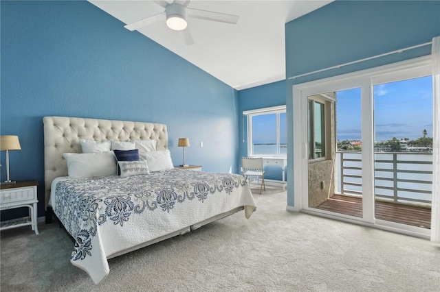 bedroom featuring carpet flooring, ceiling fan, high vaulted ceiling, and access to outside