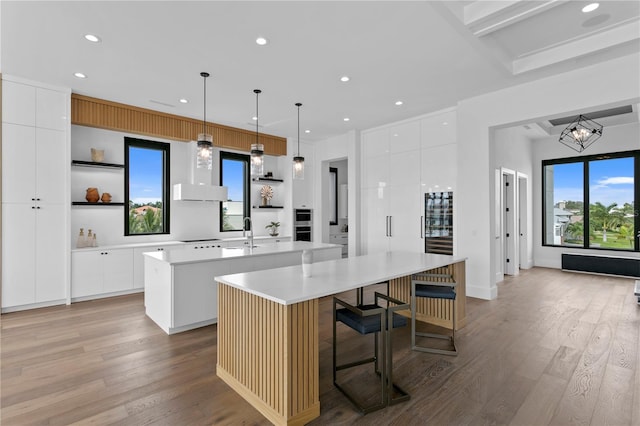 kitchen with a large island with sink, white cabinetry, and pendant lighting