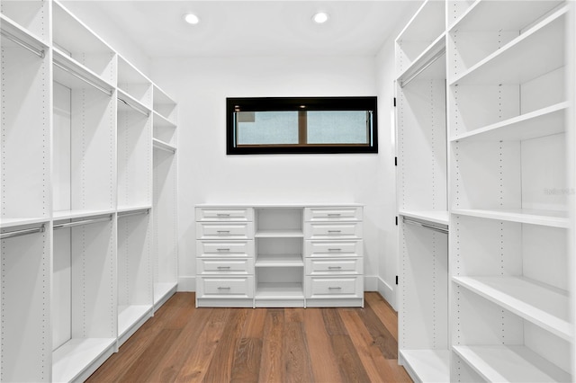 spacious closet featuring dark hardwood / wood-style flooring