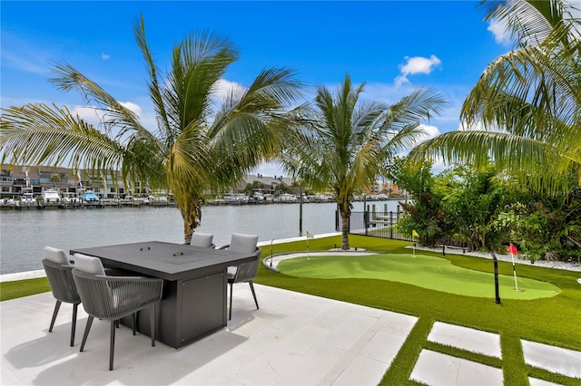 view of patio featuring a water view