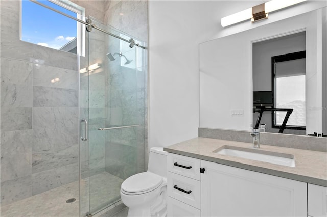 bathroom with vanity, toilet, and a shower with shower door