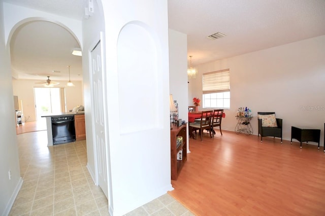 hallway featuring a wealth of natural light and light wood-type flooring