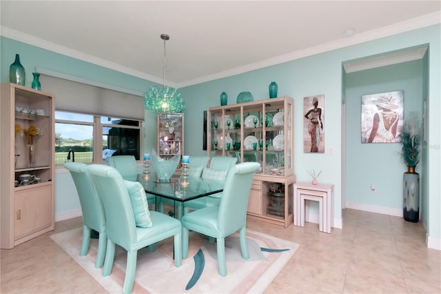 dining space with light tile patterned flooring, crown molding, and a chandelier