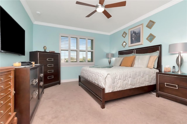 bedroom with crown molding, ceiling fan, and light carpet