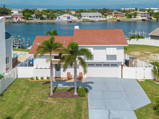 bird's eye view with a water view