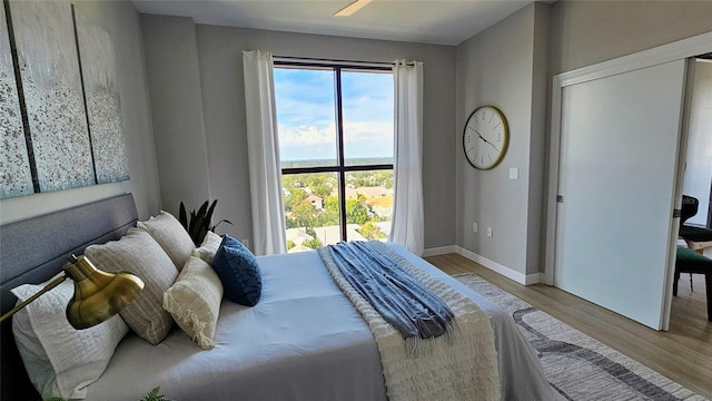 bedroom with a closet and light hardwood / wood-style floors