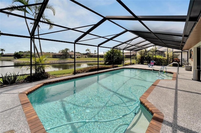 view of swimming pool featuring a lanai, a water view, and a patio area