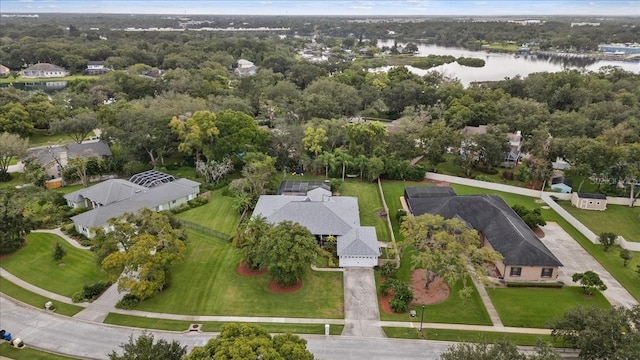 bird's eye view with a water view