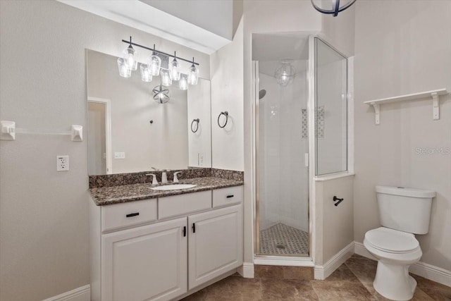 bathroom featuring tile patterned flooring, vanity, toilet, and a shower with door