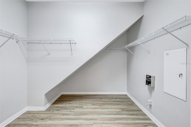 walk in closet with light wood-type flooring