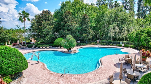 view of swimming pool with a patio area