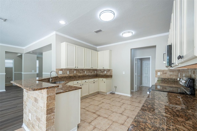 kitchen with dark stone countertops, ornamental molding, kitchen peninsula, sink, and appliances with stainless steel finishes