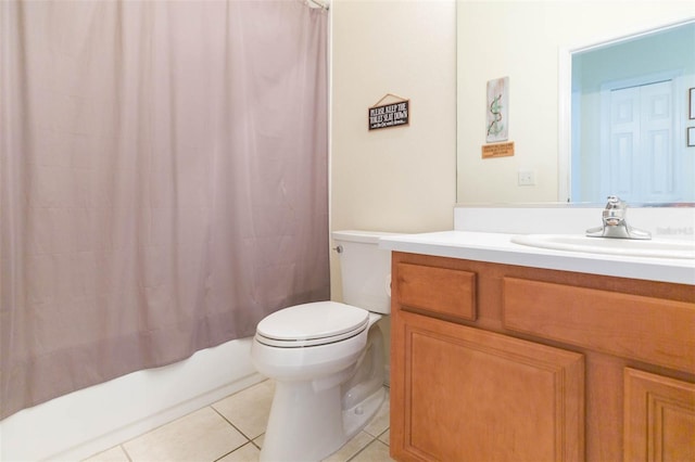 full bathroom featuring shower / tub combo with curtain, tile patterned floors, vanity, and toilet