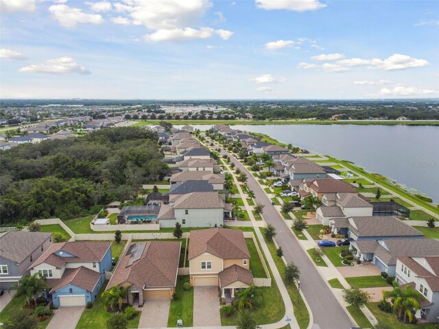 aerial view featuring a water view