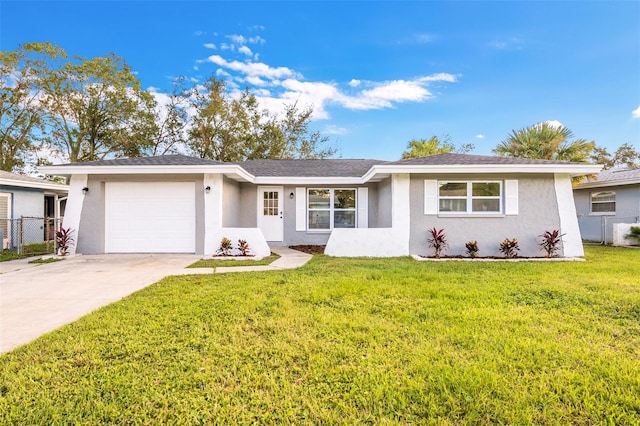 ranch-style house with a front lawn and a garage