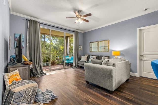 living room with ceiling fan, crown molding, and dark hardwood / wood-style floors