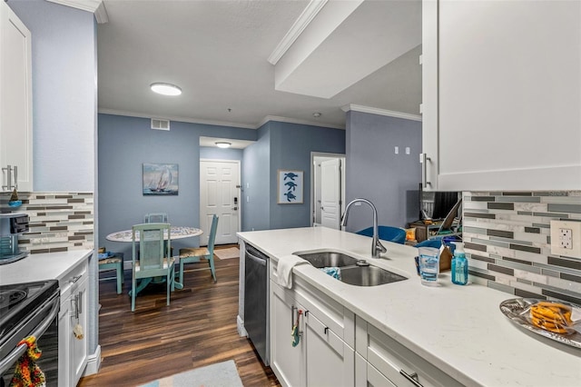 kitchen with white cabinets, ornamental molding, decorative backsplash, sink, and stainless steel dishwasher