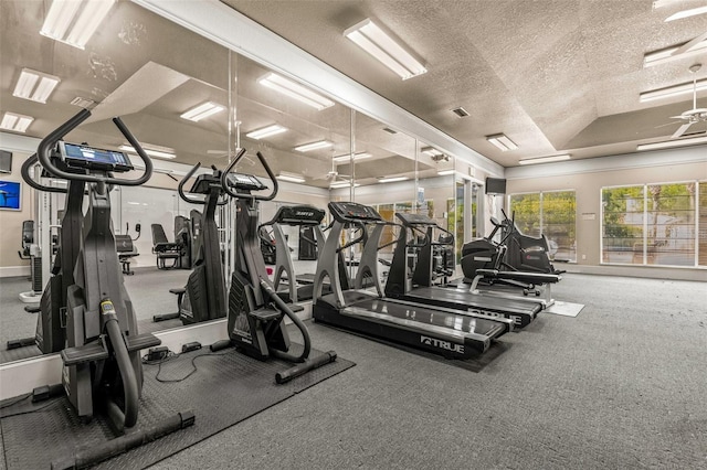 gym with a textured ceiling and vaulted ceiling