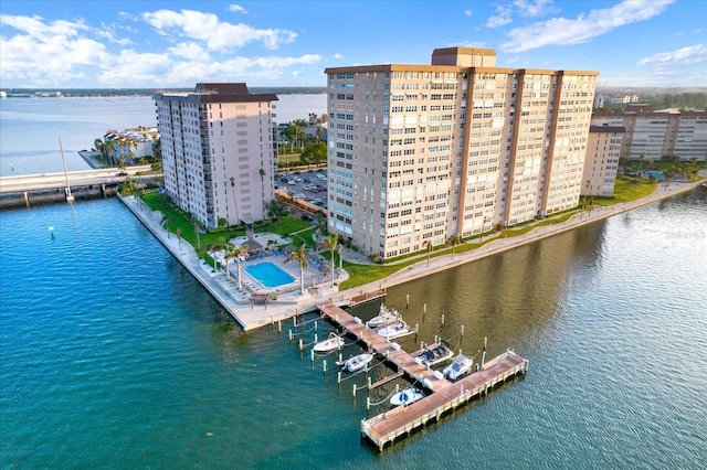 birds eye view of property featuring a water view