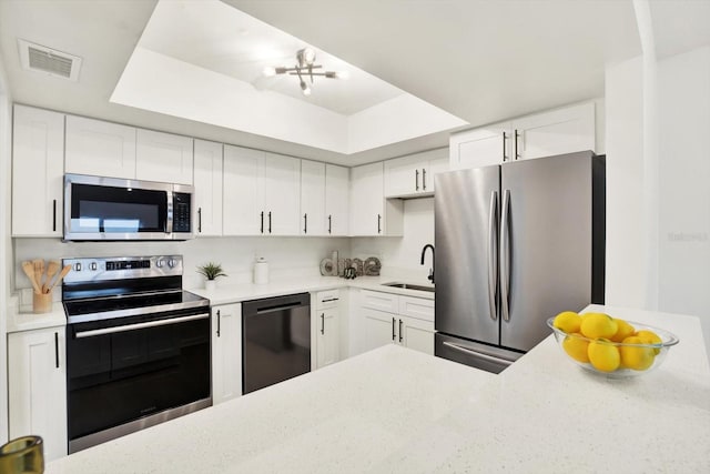 kitchen with white cabinets, a tray ceiling, appliances with stainless steel finishes, and a chandelier