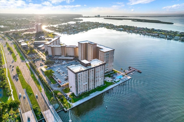 drone / aerial view featuring a water view