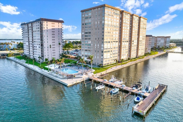 exterior space with a water view