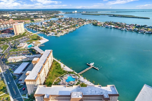 birds eye view of property featuring a water view