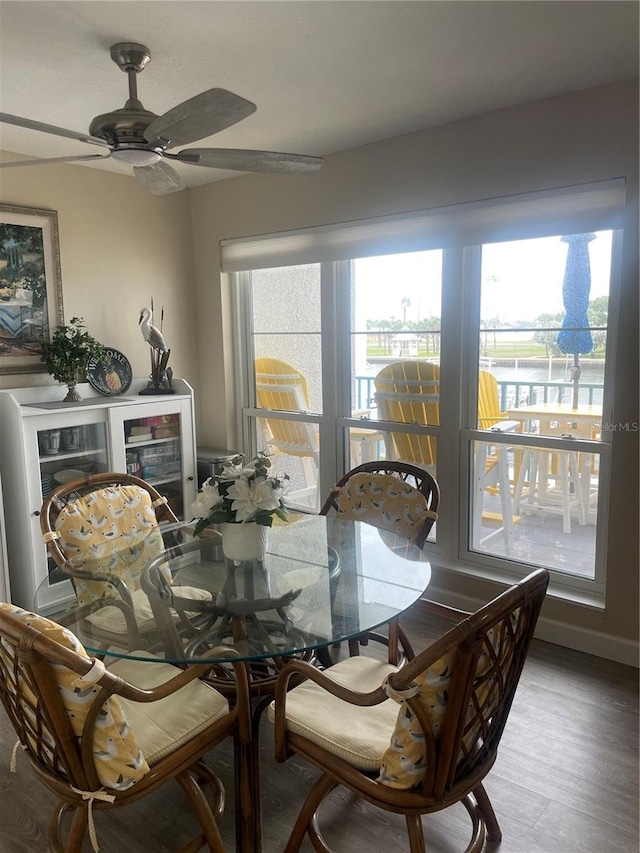 dining space featuring hardwood / wood-style flooring and ceiling fan