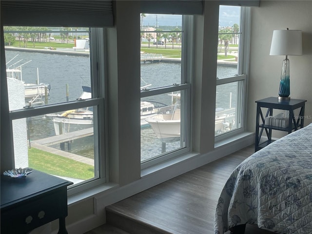 bedroom featuring multiple windows, a water view, and hardwood / wood-style floors