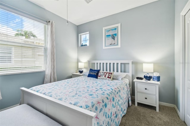 carpeted bedroom featuring multiple windows