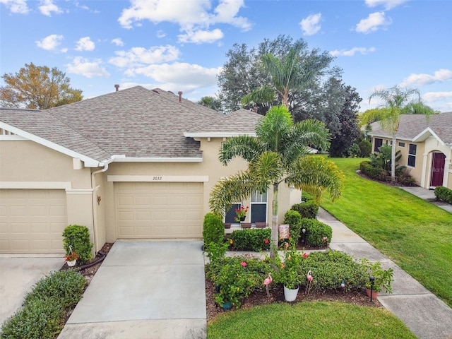 view of front of property featuring a garage and a front yard