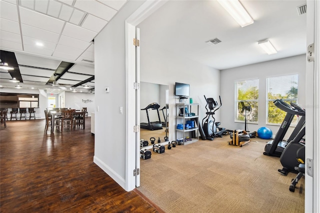 workout room featuring hardwood / wood-style floors