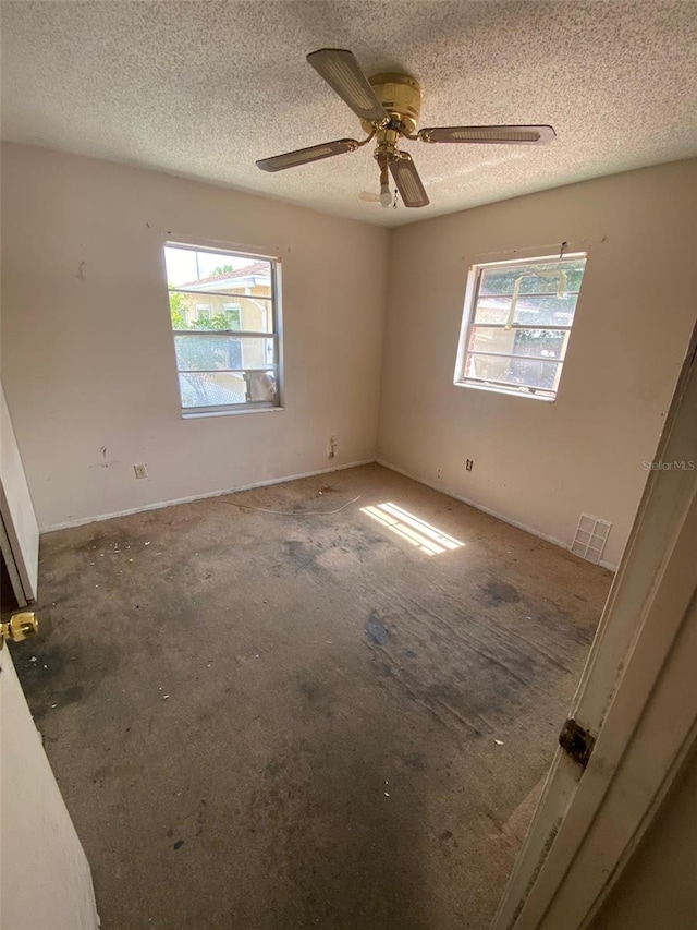 empty room featuring a textured ceiling, a wealth of natural light, ceiling fan, and carpet