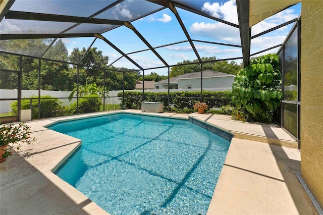 view of pool with a patio area and glass enclosure