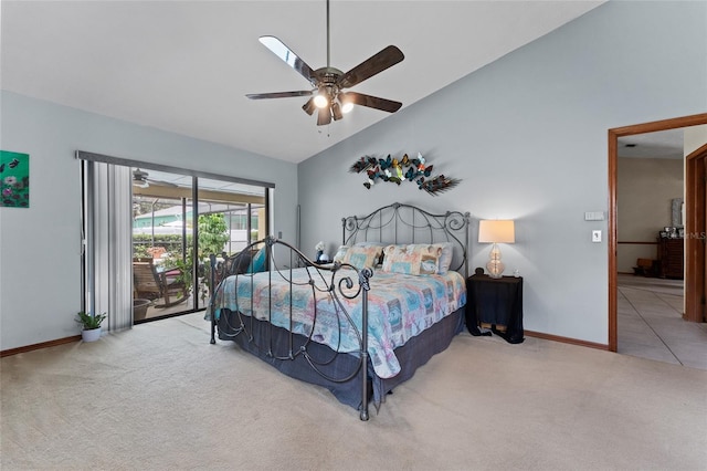 bedroom featuring light colored carpet, lofted ceiling, access to outside, and ceiling fan