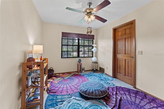 bedroom featuring carpet flooring and ceiling fan