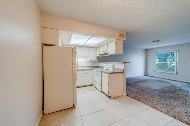 kitchen featuring a textured ceiling, white appliances, light carpet, sink, and white cabinets