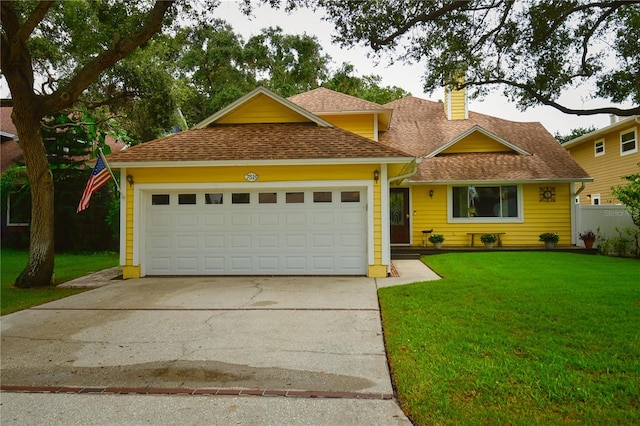 view of front of home with driveway, a chimney, roof with shingles, an attached garage, and a front yard