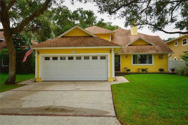 view of front facade with a front yard, roof with shingles, driveway, a chimney, and a garage