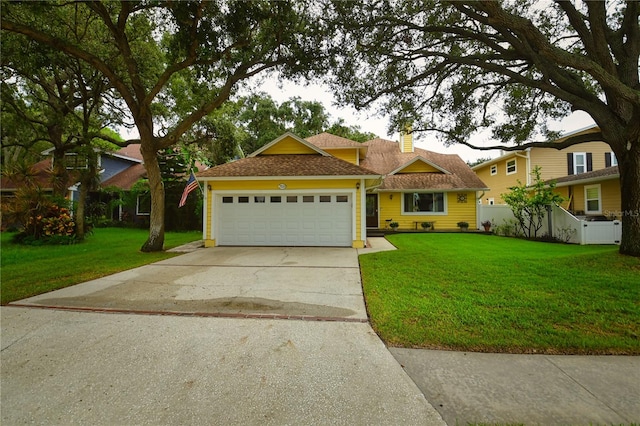 view of front of home featuring an attached garage, fence, a front lawn, and concrete driveway