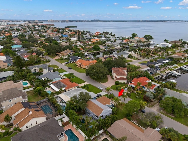 aerial view featuring a water view