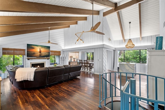 living room with ceiling fan, beamed ceiling, dark wood-type flooring, and high vaulted ceiling