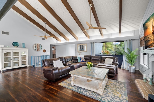 living room with ceiling fan, dark wood-type flooring, beam ceiling, high vaulted ceiling, and a fireplace