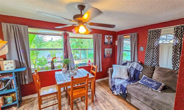 dining space featuring light hardwood / wood-style flooring, plenty of natural light, and ceiling fan