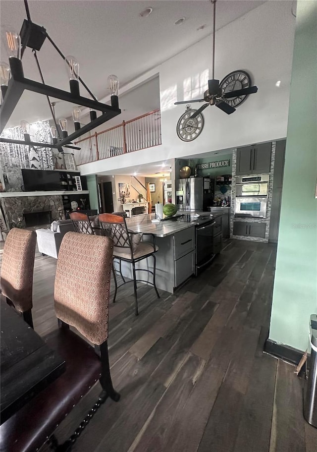 interior space featuring a fireplace, a high ceiling, appliances with stainless steel finishes, dark wood-type flooring, and ceiling fan